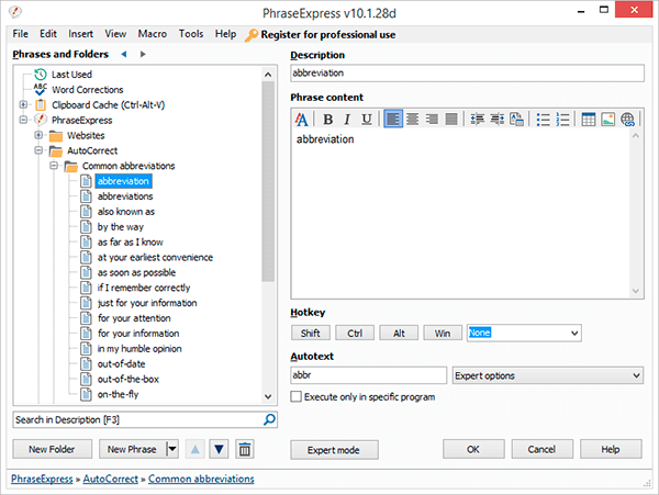 Screenshot Virtual Treeview example PhraseExpress