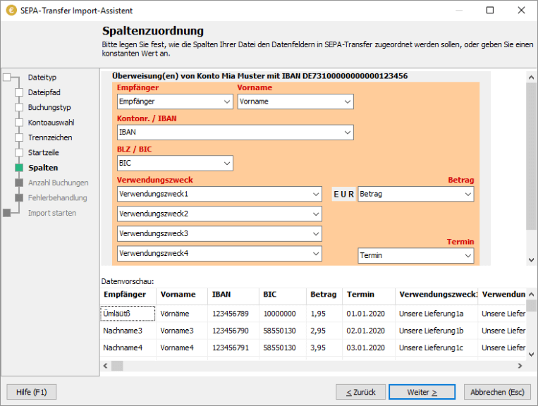 Screenshot SEPA-Transfer-Import-Assistent