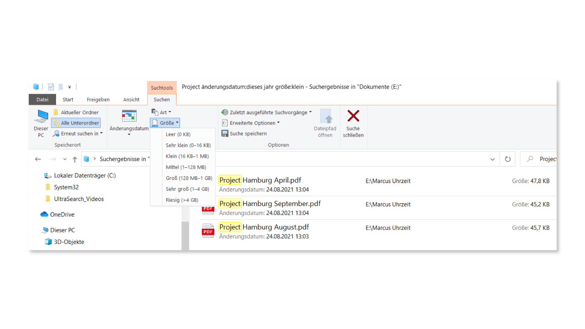 Windows 10 Suche mit Größenfilter
