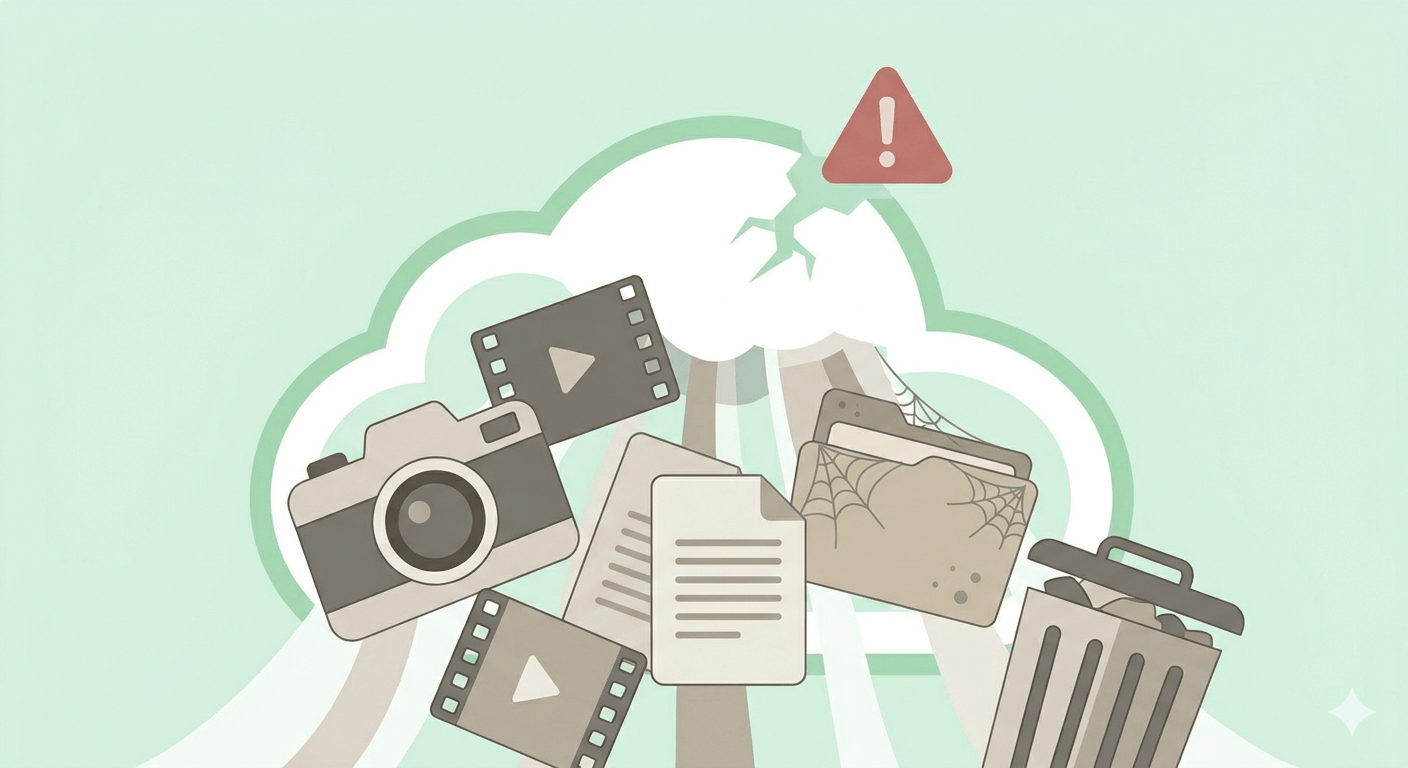 Typical storage hogs in OneDrive: photos, videos, duplicates, and forgotten backups filling the cloud storage to its limit.