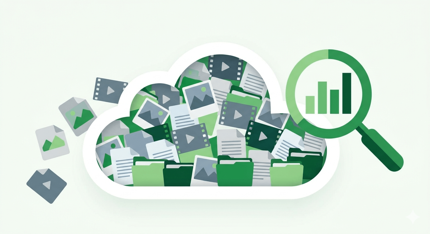 Overcrowded OneDrive cloud storage with files being analyzed and sorted, symbolized by a green magnifying glass with a storage chart.