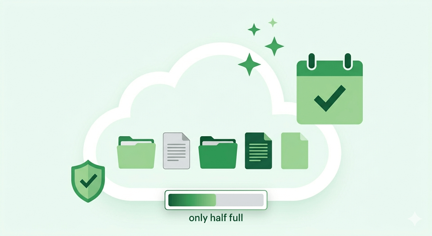 Organized OneDrive cloud storage with free space, a calendar icon for regular maintenance, and a shield icon for prevention.