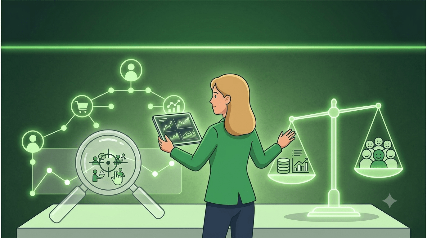 Rückenansicht einer blonden Frau. Sie interagiert mit Daten: Tablet, Lupe über User-Icons und Waage, die Daten und Menschen ausbalanciert.