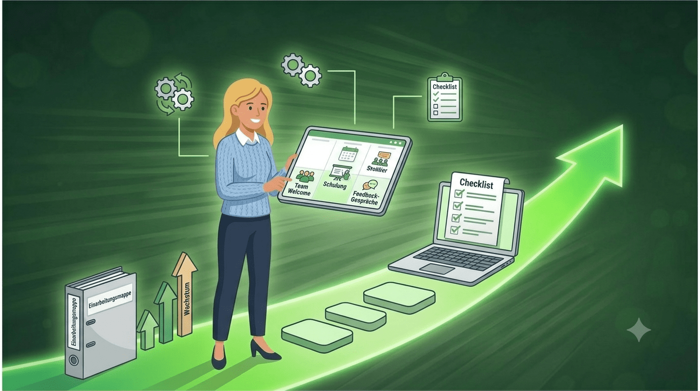 Blonde Frau auf einem grünen Pfad, hält ein Tablet mit Onboarding-Meilensteinen.