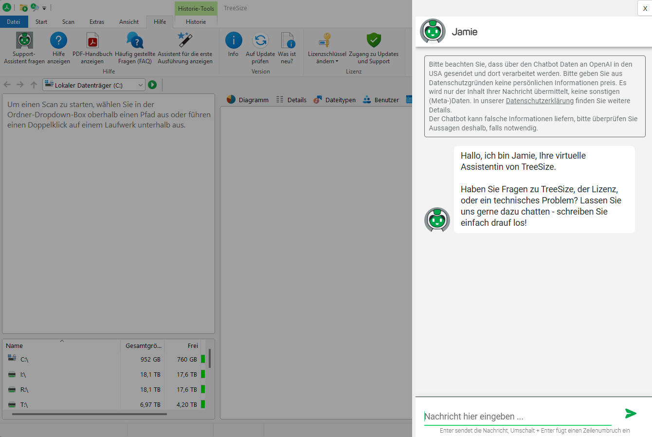 Unser Chatbot JAMie ist nun auch in TreeSize 9.9