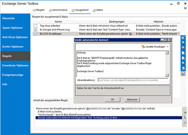 Screenshot Exchange Server Toolbox zeigt Regeln für ausgehende E-Mails
