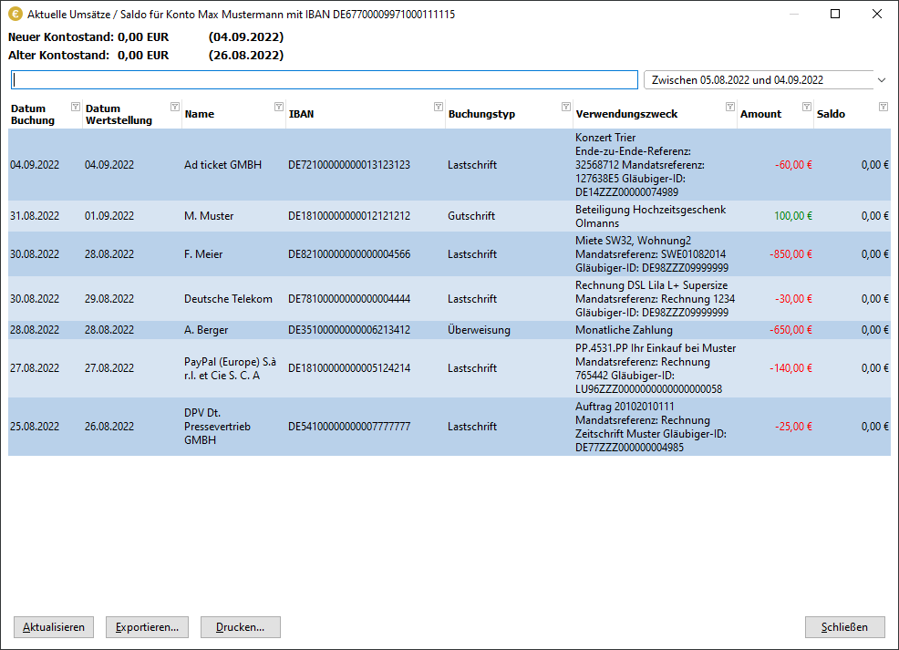 Screenshot SEPA-Transfer zeigt Umsatzabfrage