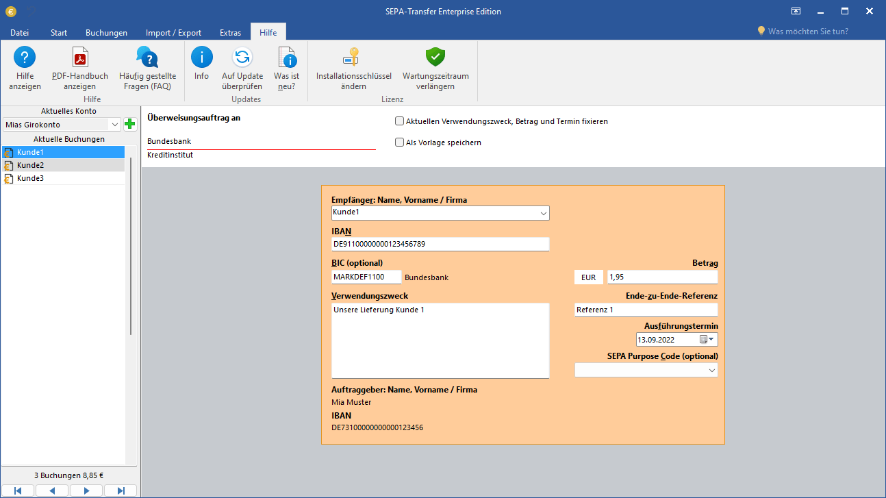 Screenshot SEPA-Transfer Überweisungsformular