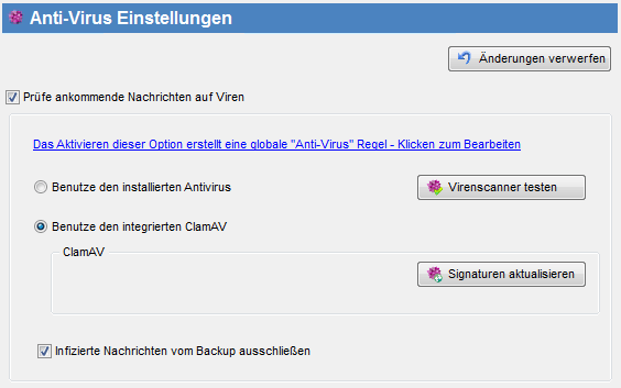 Screenshot SmartPOP2Exchange zeigt Einstellungen für Antivirus-Software ClamAV