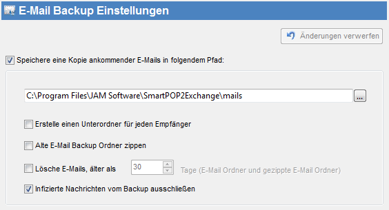 Screenshot SmartPOP2Exchange zeigt Einstellungen für E-Mail-Backup
