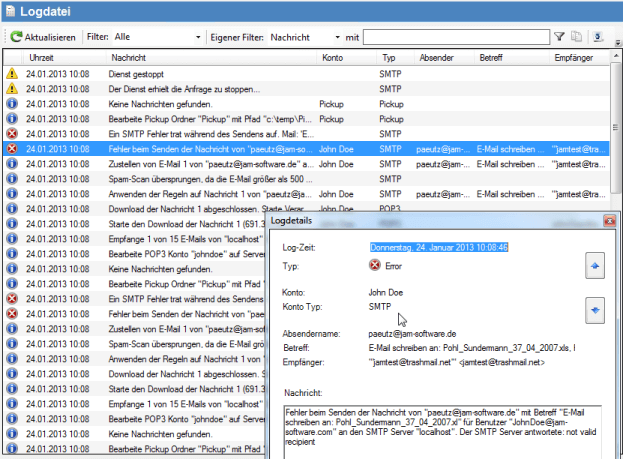 Screenshot SmartPOP2Exchange zeigt Logdatei