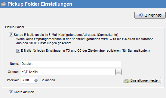 Screenshot SmartPOP2Exchange zeigt Einstellungen für den PickUp-Ordner