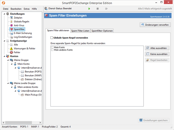 Screenshot SmartPOP2Exchange zeigt Spamfilter-Einstellungen