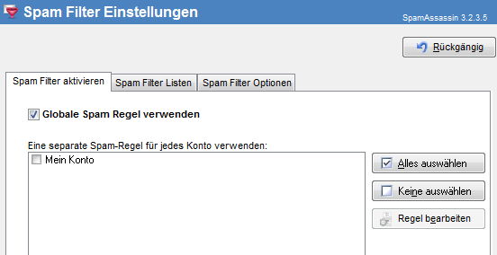 Screenshot SmartPOP2Exchange zeigt Ausschnitt aus den Spamfilter-Einstellungen