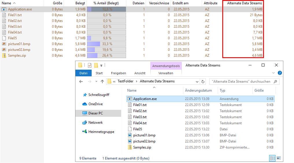 Screenshot SpaceObServer mit der Alternate Data Streams-Ansicht