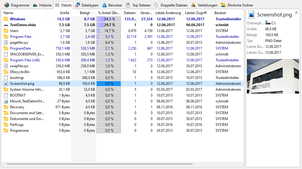 Screenshot SpaceObServer mit Dateivorschau im Reiter "Details"