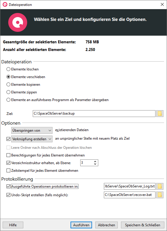 Screenshot SpaceObServer mit Verschiebe-Optionen im Optionendialog