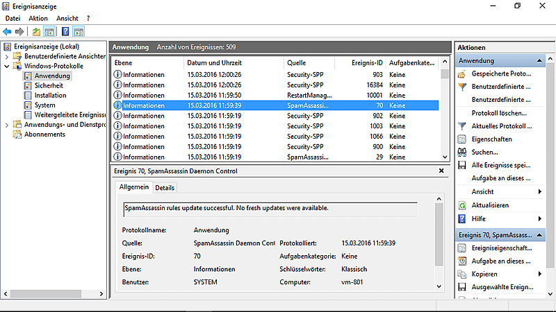 Screenshot SpamAssassin in a Box zeigt Unterstützung für Windows Ereignisanzeige