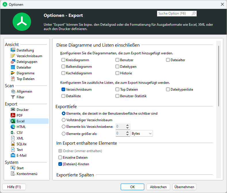 Screenshot TreeSize zeigt Excel-Import