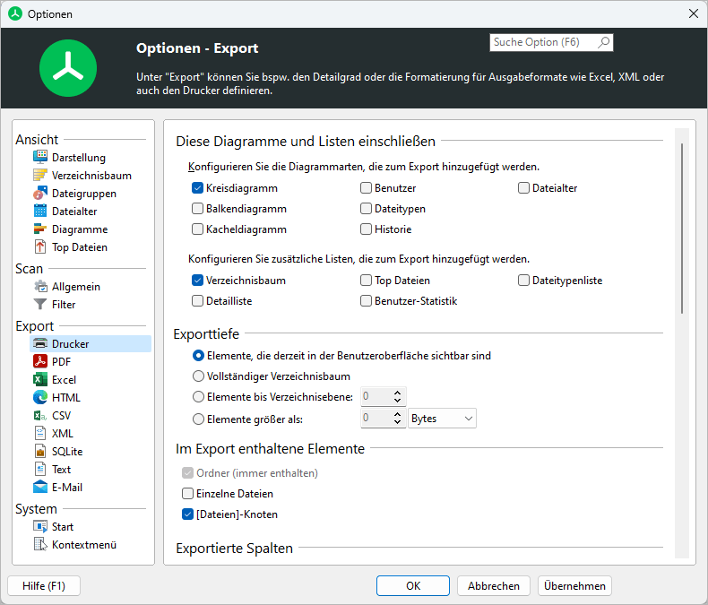 Screenshot TreeSize zeigt Exportformate