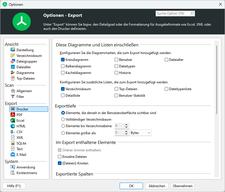 Screenshot TreeSize zeigt Exportformate