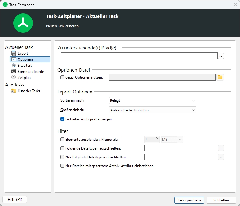TreeSize Screenshot zeigt den Optionendialog für die geplanten Tasks