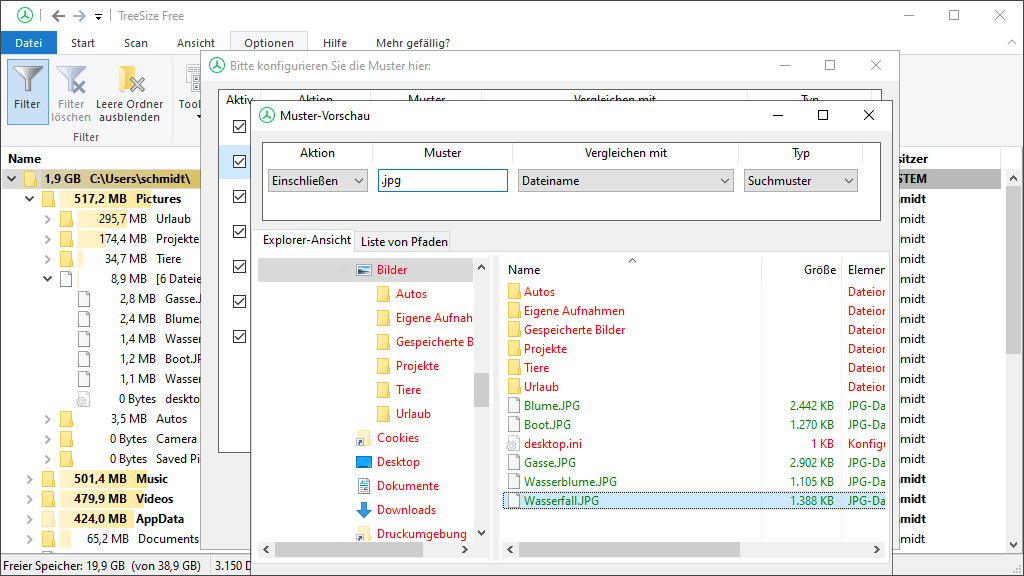 Screenshot TreeSize Free mit Filterpreview für Spalten
