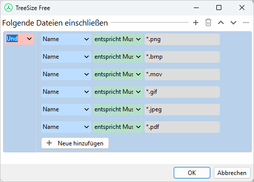 Screenshot TreeSize Free mit Filtermöglichkeiten für die Spalten