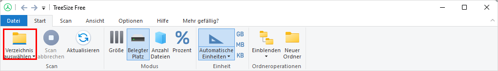 Screenshot zeigt wie man mit TreeSize Free einen neuen Scan startet