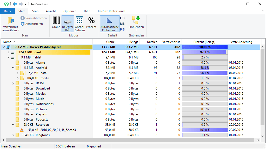 Screenshot zeigt wie TreeSize Free scannt mobile Geräte