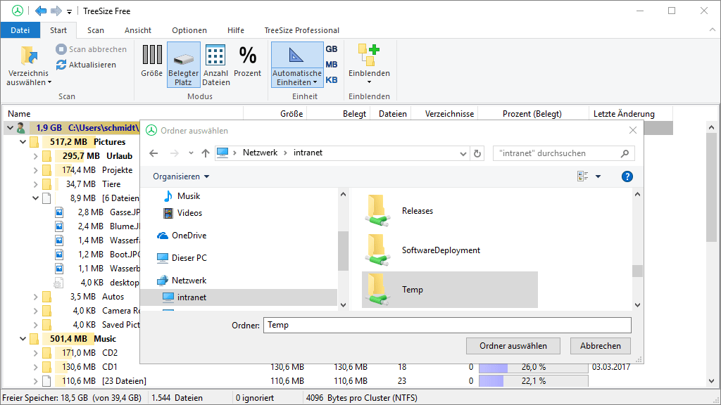 Screenshot zeigt wie TreeSize Free Netzlaufwerke scannt