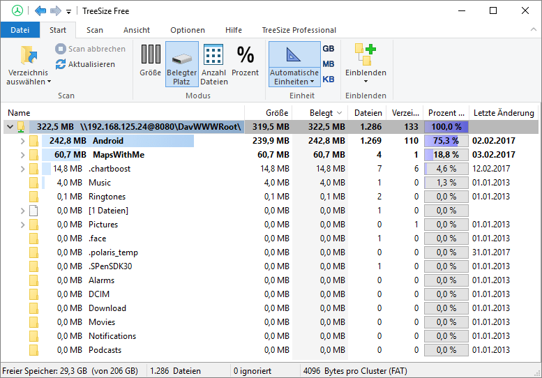 Screenshot zeigt wie TreeSize Free scannt über WebDAV