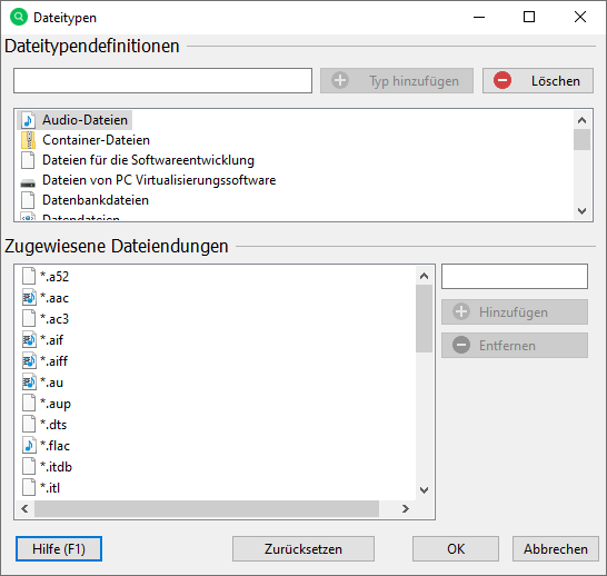Screenshot UltraSearch zeigt wie man Dateitypen zu Gruppen zusammenfassen kann