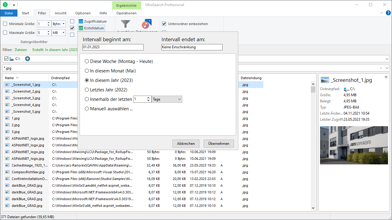 UltraSearch Professional Datumsfilter