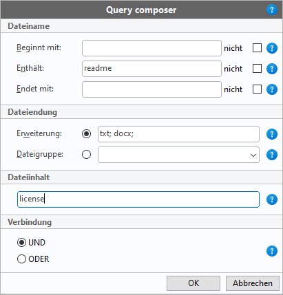 Query composer von UltraSearch Professional