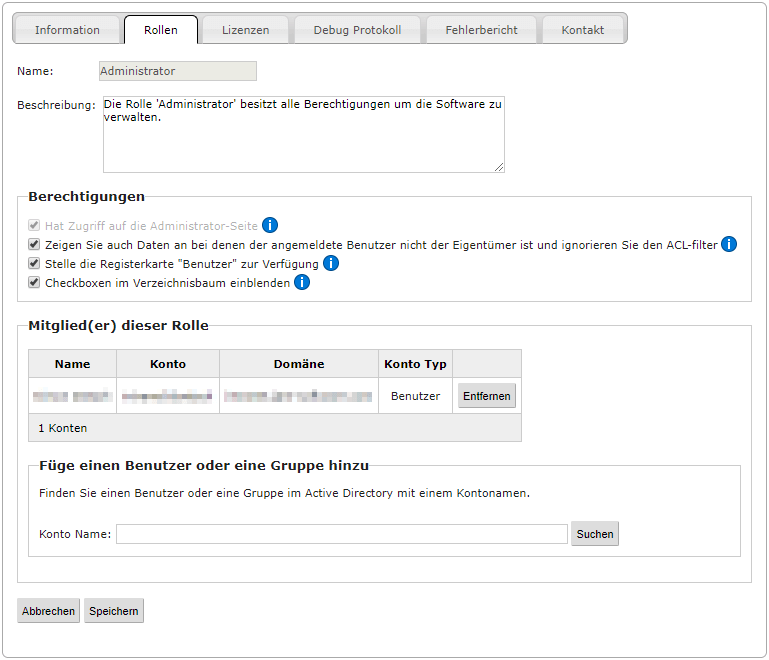 Screenshot SpaceObServer Web Access zeigt die Berechtigungsmöglichkeiten im Backend